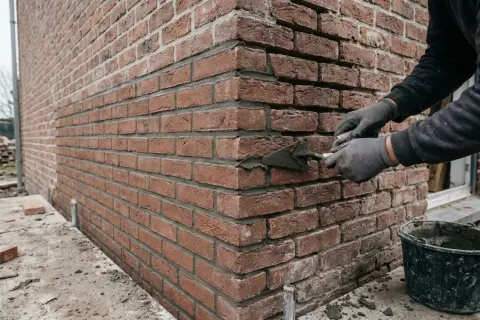 Uitgeslepen lintvoeg in baksteenmetselwerk die opnieuw met mortel wordt gevuld